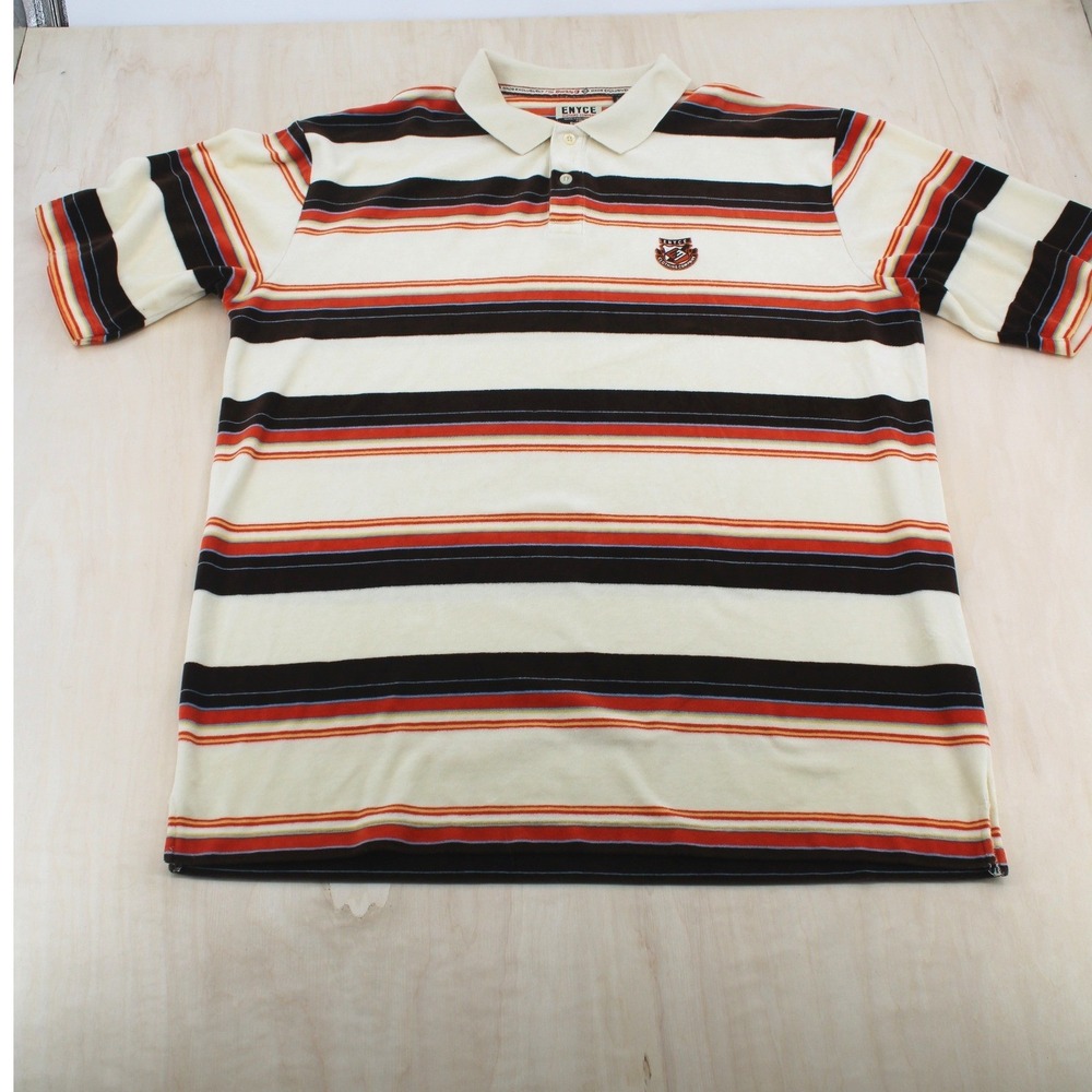 Mens Y2K Striped Velour Polo Shirt Cream Brown Short Sleeve Streetwear XXL Enyce